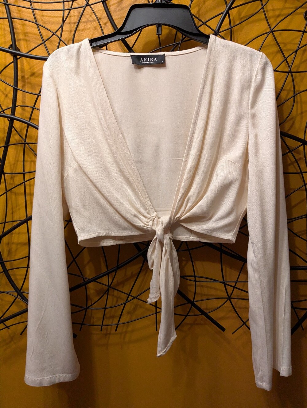 AKIRA Long Bell Sleeve Tie-Front Crop Top - Off-White / Cream